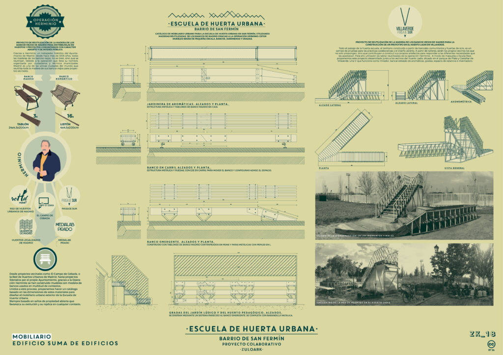 Huerta Escuela: Learning From Citizens - Zuloark. Reuse of municipal stock material for the construction of urban furniture for the new garden school. Illustration by Zuloark